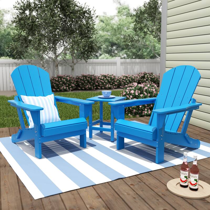 Polytrends Laguna Hdpe All Weather Outdoor Patio Foldable Adirondack Chairs With Side Table (3-Piece Set) - Pacific Blue