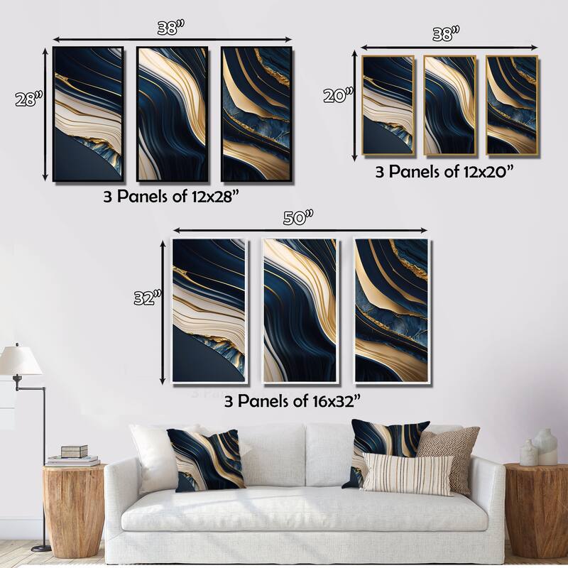 Designart "Abstract Geode Waves Blue And Gold II" Modern Waves Framed Canvas Art Print - 3 Panels