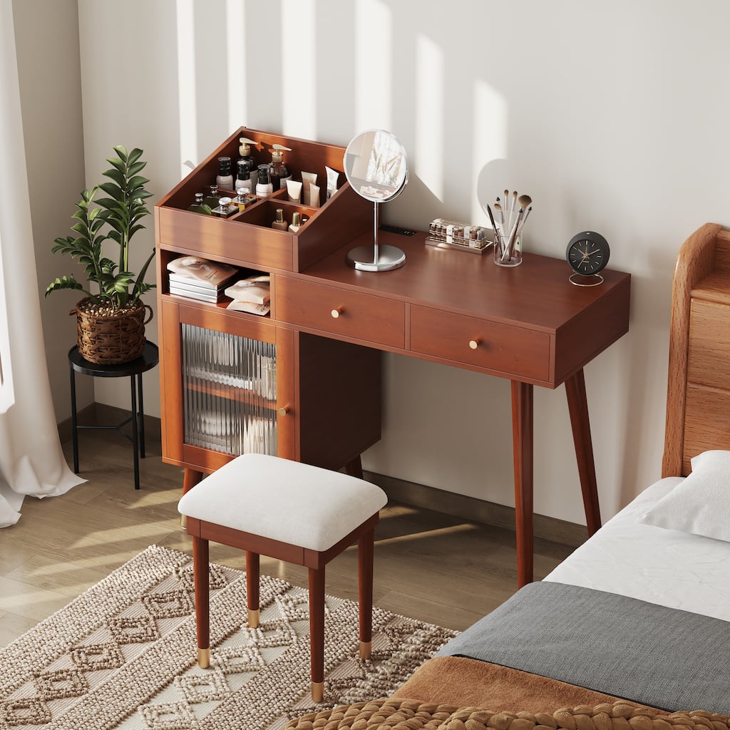 Makeup Vanity/Dressing Table with Drawers, Cabinet & Charging Port