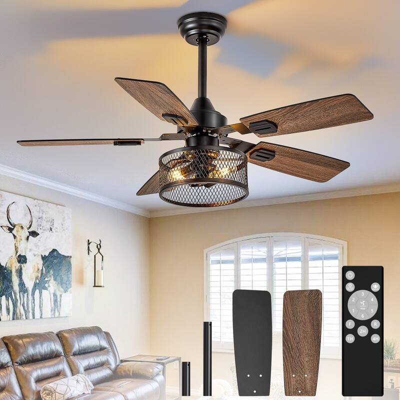 42-52Inch Caged Ceiling Fans with Lights: Dual Finish 5 Blades - Rustic with Remote Control (E26 Bulb Included) - 42in - Black-02