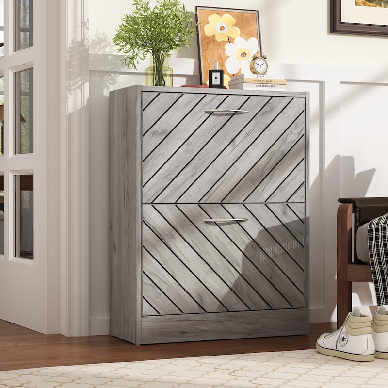 Timechee 8 Pair Shoe Storage Cabinet with 2 Drawers, Wood Color - Grey - 2-drawer