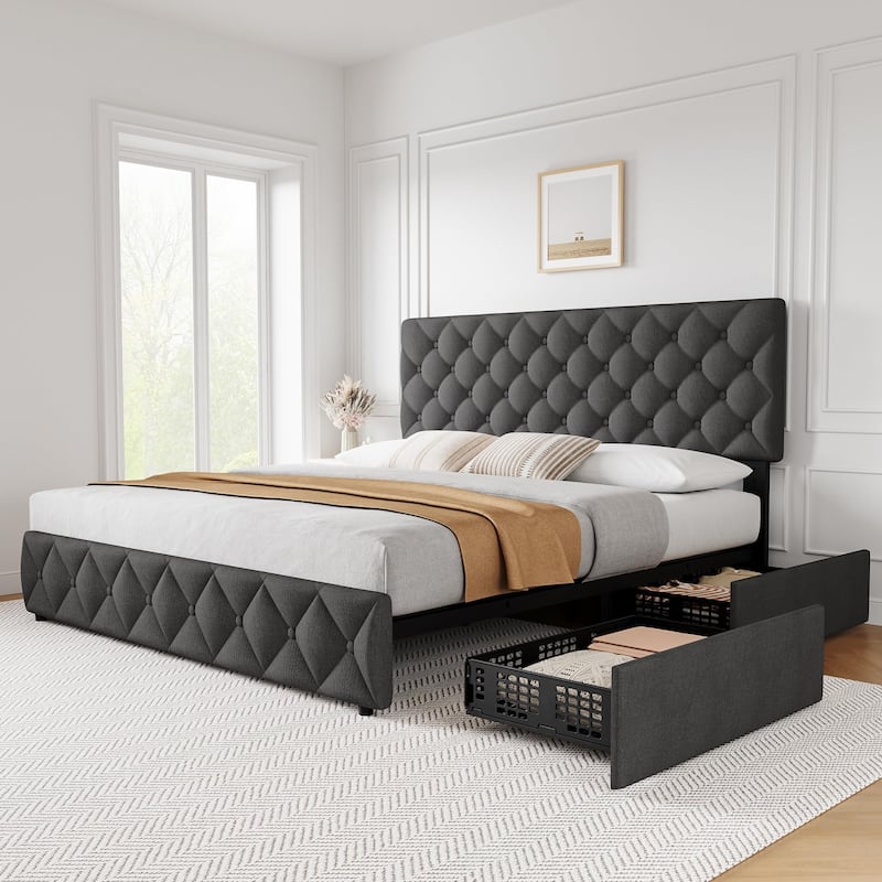 Full Size Bed Frame with 4 Storage Drawers and Headboard, Linen Upholstered Platform Bed Frame