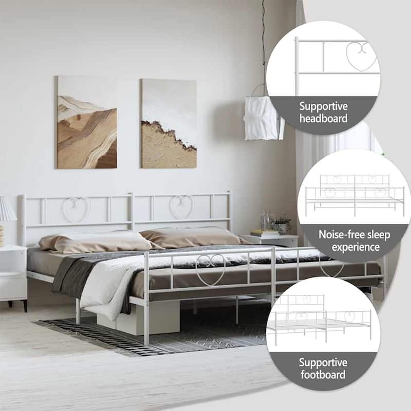 vidaXL California King Metal Bed with Headboard, White, No Mattress - 86.2" x 73.6" x 35.4"