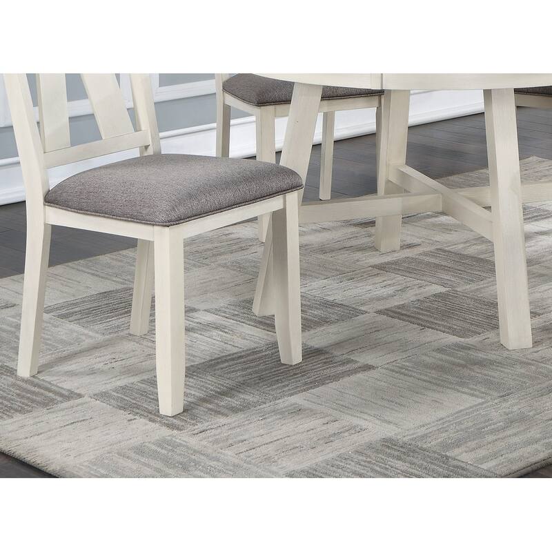Dining Room Furniture 5pc Dining Set Round Table And 4x Side Chairs Gray Fabric Cushion Seat White Clean Lines Wooden Ta