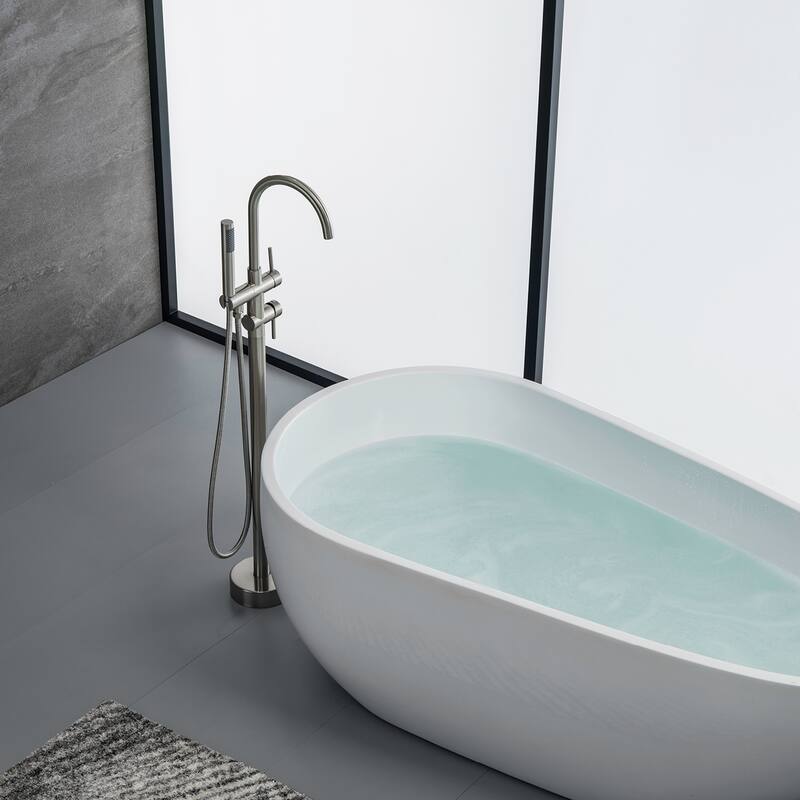 Modern 2-Handle Floor Mounted Freestanding Tub Filler with Handheld Showerhead in Black and Silver