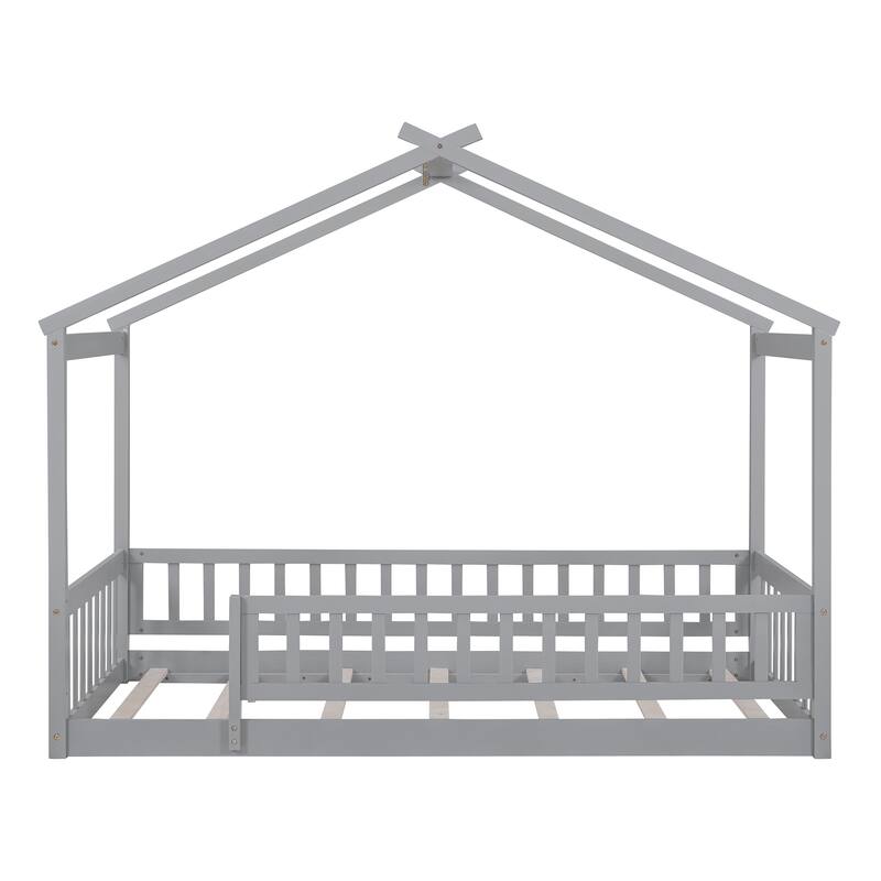 Twin Size Wood House Bed Frame with Fence for Kids and Teens, Gray
