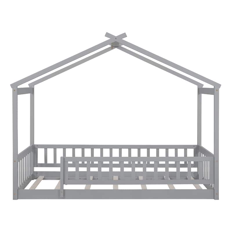 Twin Size Wood House Bed Frame with Roof and Fence, for Kids, Teens, Girls, Boys