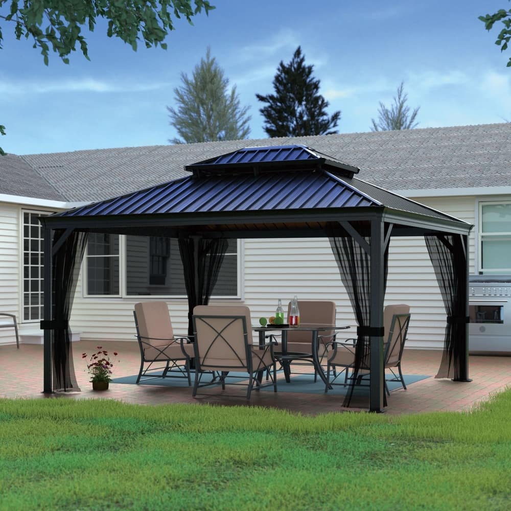 VEIKOUS 10'x12' Double Roof Patio with Netting & Ceiling Hooks, Vented UV Protection Gazebo for Backyard
