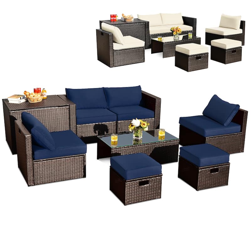 Gymax 8 PCS Outdoor Wicker Furniture Set w/Storage Box Tempered Glass - Multi