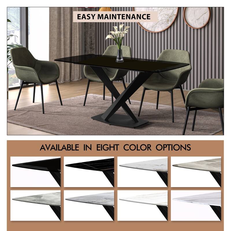 Voren Dining Table with Stone or Glass Tabletop in Black Steel Base