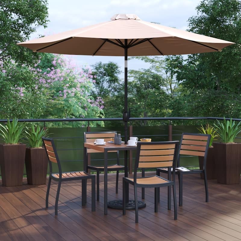 Faux Teak Patio Table, 4 Chairs & 9FT Patio Umbrella with Base - Tan