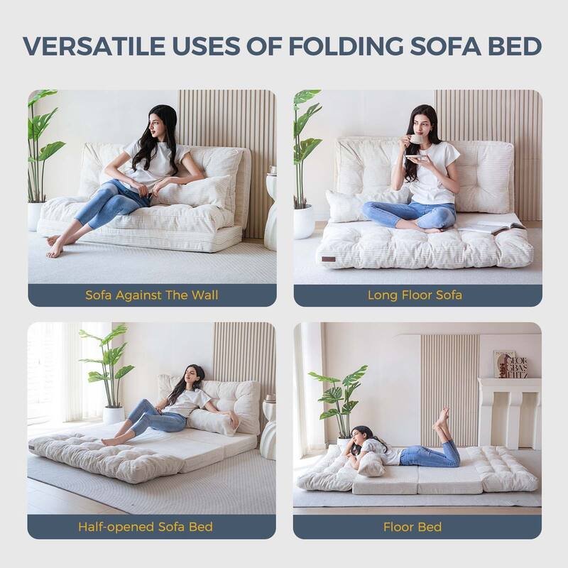 Corduroy Bean Bag Bed Tufted Folding Sofa Bed with Pillows