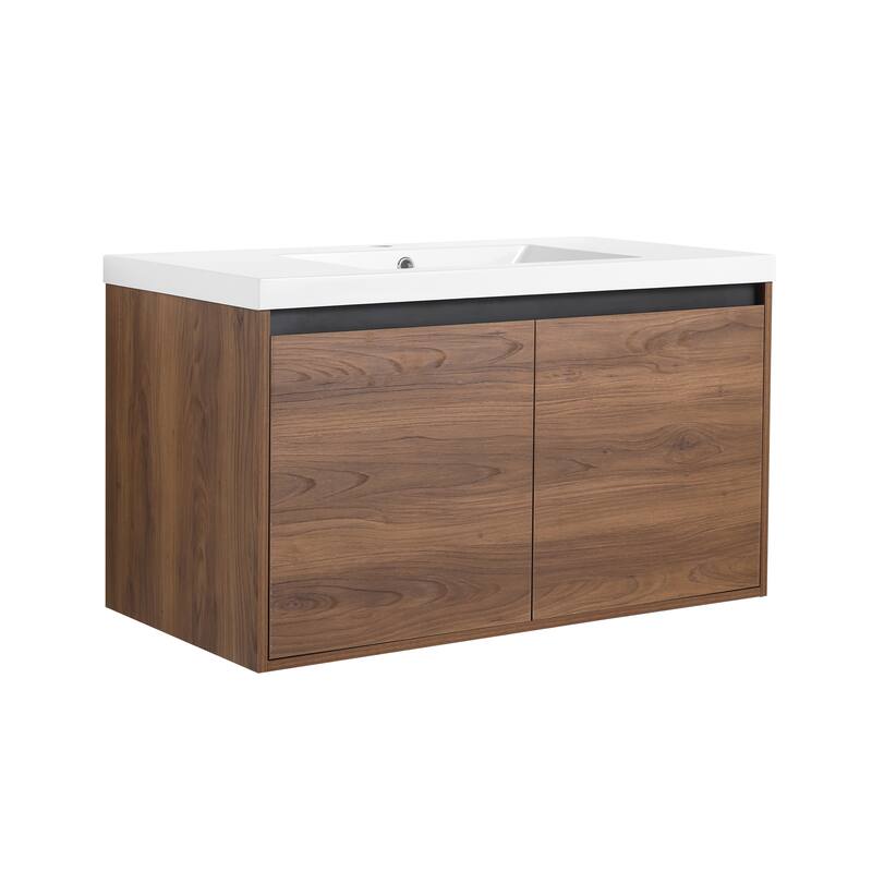 GDFStudio - Levistar Modern Wall-Mounted Bathroom Vanity Set with Scratch-Resistant Resin Sink & Soft Close Doors