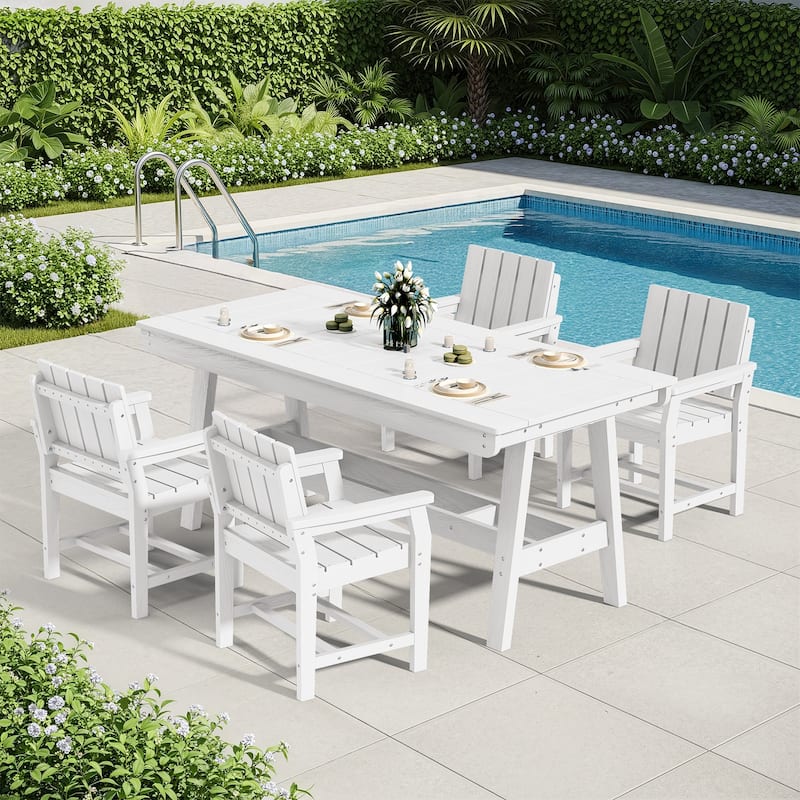 HDPE Patio Dining Set with Rectangular 67.91in W Table with Umbrella Hole and 4 Chairs - N/A