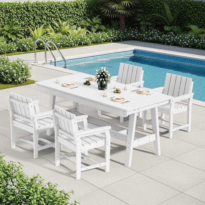 HDPE Patio Dining Set with Rectangular 67.91in L Table with Umbrella Hole and 4 Chairs - N/A - White