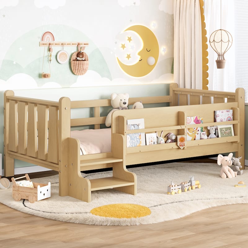 Full/Twin Floor Bed with Storage Bookcases & Cute Stairs - Solid Wood Kids Bed, No Box Spring
