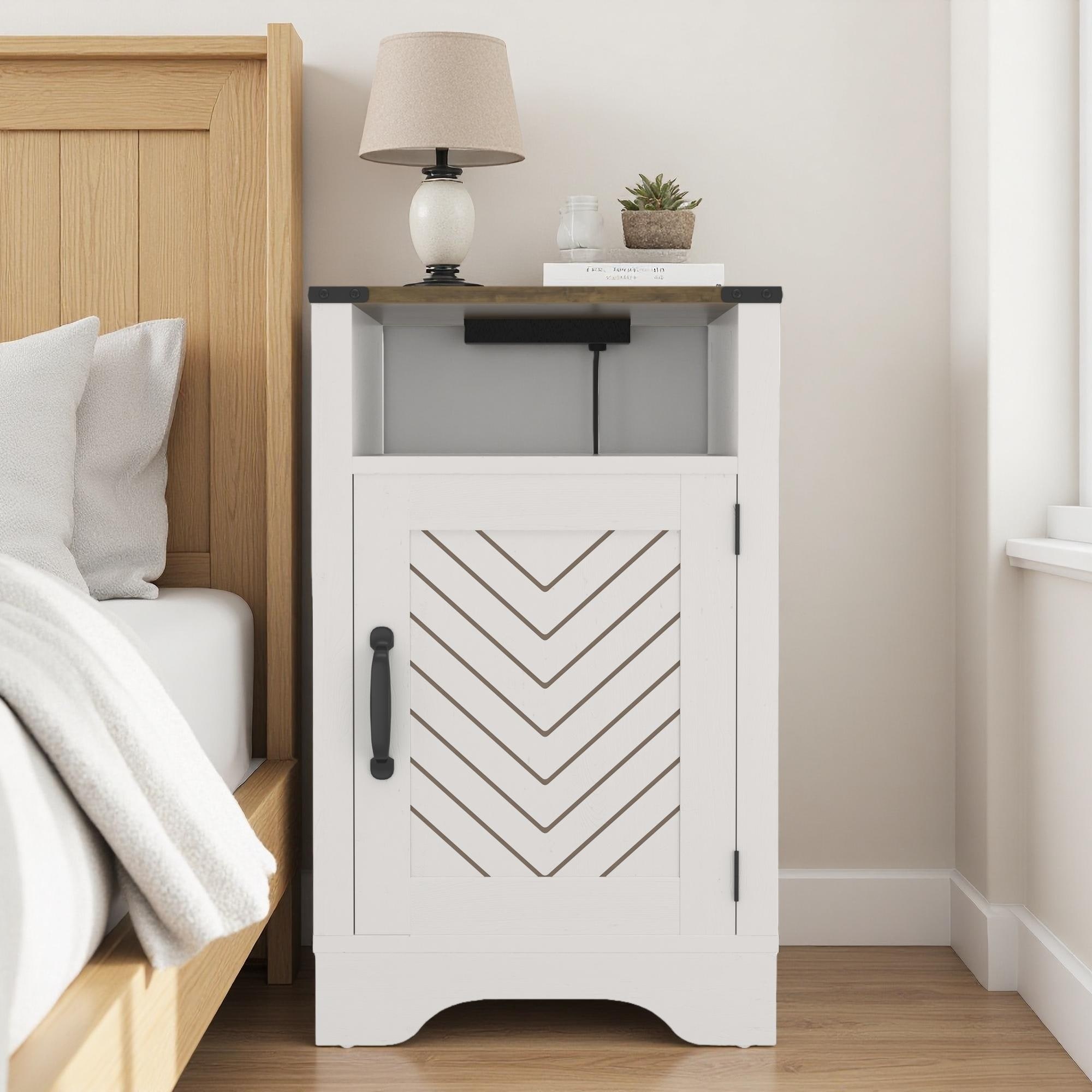 15.75"L Wooden Farmhouse Nightstand with Built-In Charging Station, Rustic End Table with USB Ports and Ample Storage