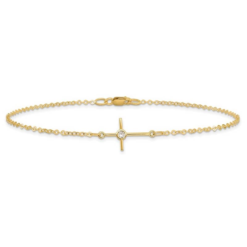 Curata Women's Italian 12.25mm 14k Yellow Gold Polished Cubic Zirconia Cross Anklet - 10 Inch