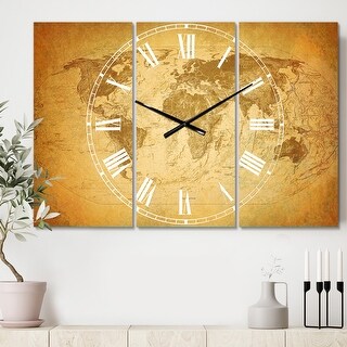 Designart 'Vintage Classic Map' Cottage 3 Panels Oversized Wall CLock - 36 in. wide x 28 in. high - 3 panels