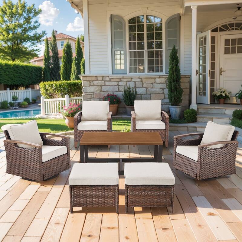 Pocassy Outdoor Patio Sofa Chair Ottoman Table Furniture Set - Beige Cushion - Swivel Chairs with Club Chair Ottomam Table Set
