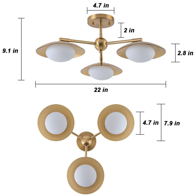 Modern Industrial 3-Light Sputnik Opal Glass Semi Flush Mount - Gold