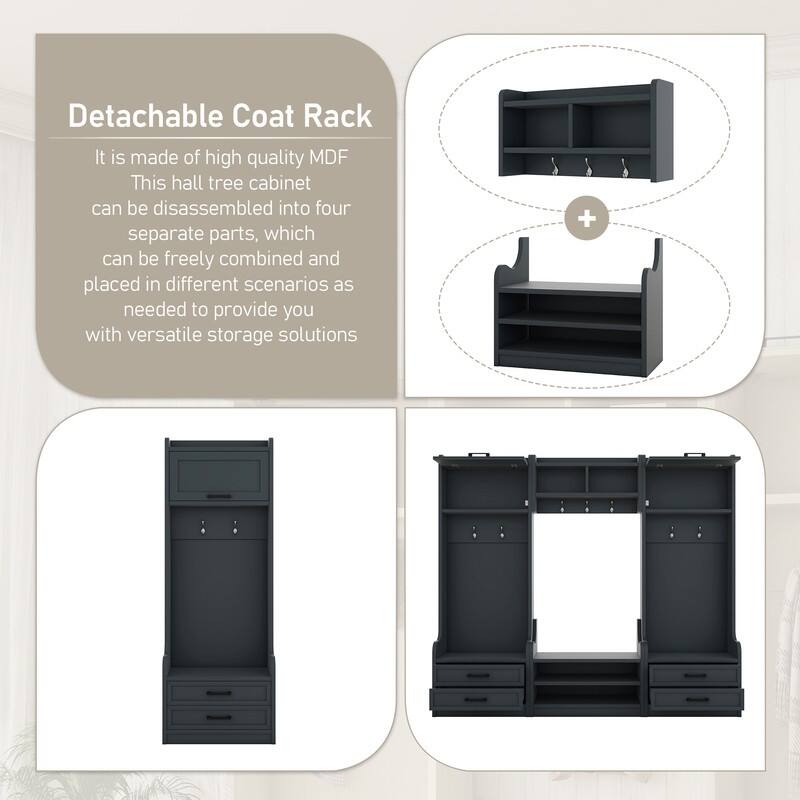 4-in-1 Detachable Hall Tree with Storage Cabinets and Hooks, Multifunctional Hallway Coat Rack with Drawers and Shoe Bench