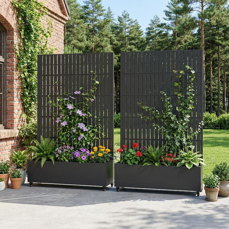 Outdoor Metal Planter Box Raised Garden Beds with Trellis (Set of 2) - Black - 72"x47"