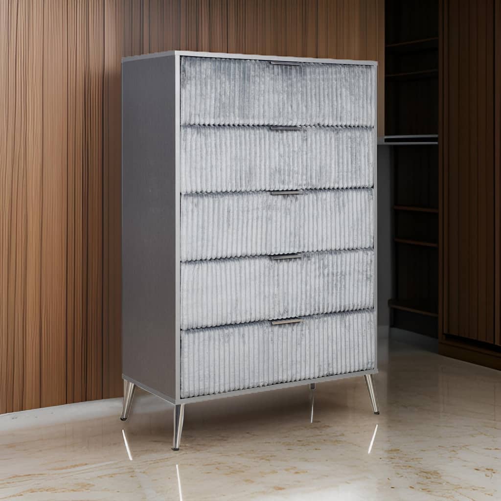 Moko 51 Inch Tall Dresser, 5 Fabirc Upholstered Drawers, Gray, Nickel