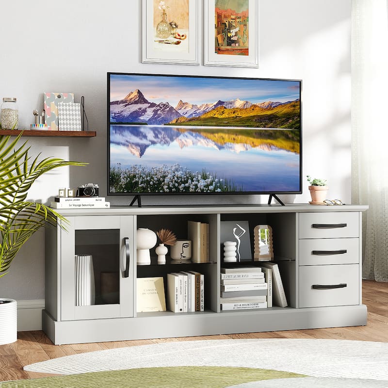 Gymax 63'' Media Console Table w/ 3 Drawers 2 Glass Shelves Cable