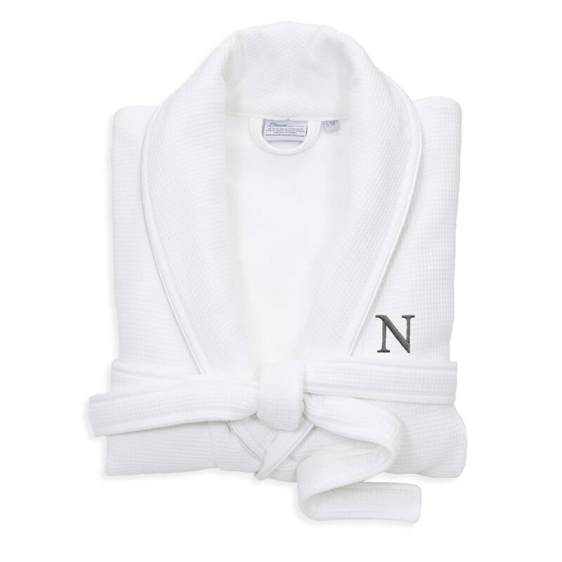 Authentic Hotel and Spa White Unisex Turkish Cotton Waffle Weave Terry Bath Robe with Grey Block Monogram - S/M - N