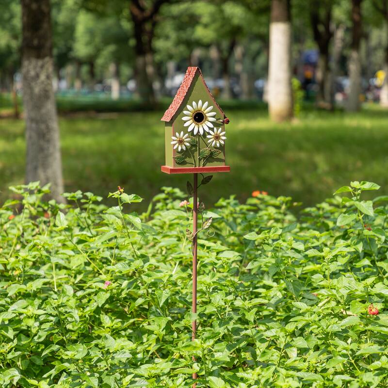 Glitzhome 52.5''H Blue Green Metal Sunflower Decorative Garden Birdhouse with Stake - Green