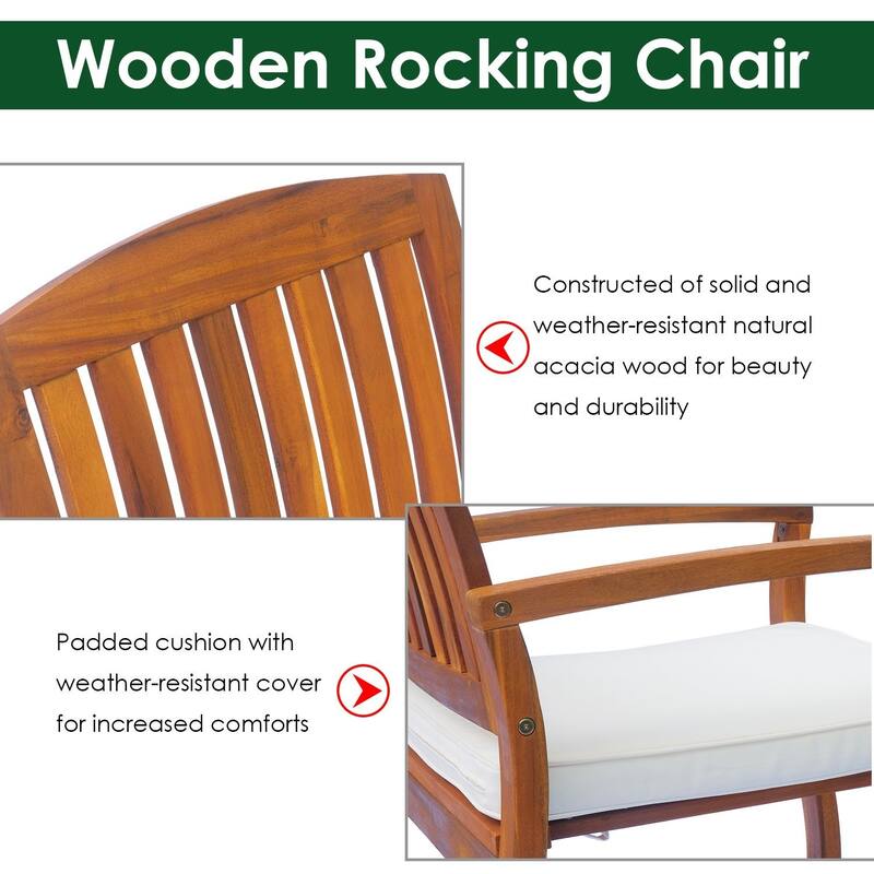 Outsunny Outdoor Patio Acacia Wood Rocking Chair with Cushioned Seat - White 1 PC
