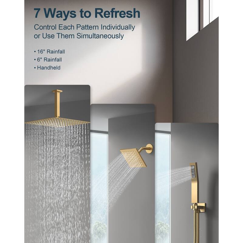 Dual Heads 16" Rainfall & High Pressure 6" Shower System w/ 3 Way Thermostatic Faucet 