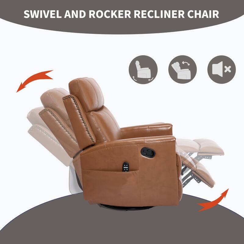 Roomfitters Genuine Leather Swivel Rocker Recliner, Manual Massage Glider with Heat and Top Grain Cowhide, Living Room