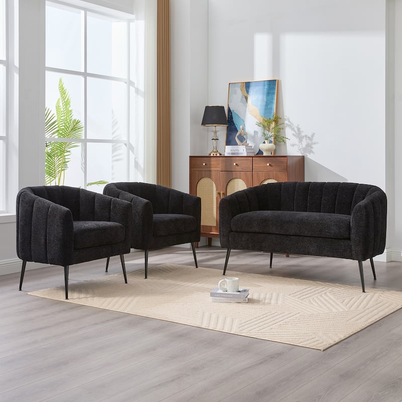 3-Piece Chenille Small Living Room Furniture Set with Metal Legs,Channel Tufted Sofa Conversation Set,Loveseat & 2 Accent Chair