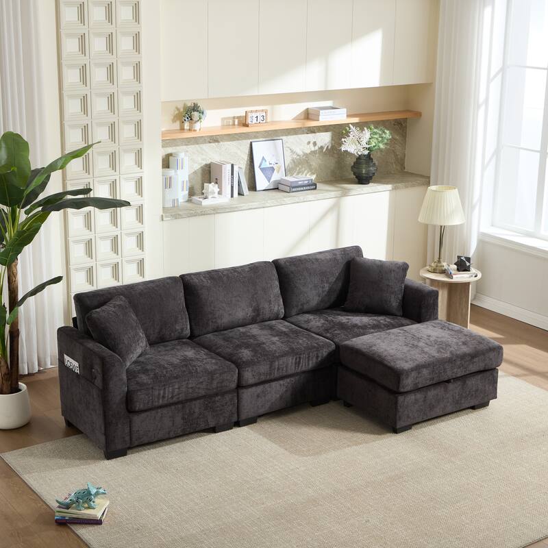 L-Shaped Modular Sectional Sofa with Storage Ottoman, 97" Chenille Corner Couch with USB Ports, Side Pockets