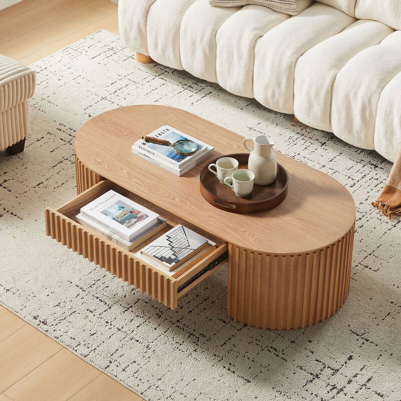 51.18" Mid-Century Modern Oval Wooden Coffee Table with Drawer for Living Room