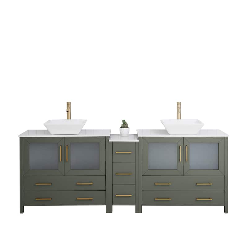 Vanity Art 84" Double Sink Bathroom Vanity Set with Engineered Marble Top and Free Mirrors