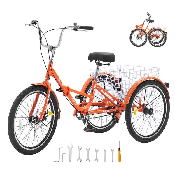 slide 2 of 7, VEVOR Folding Adult Tricycle, with Large Rear Basket, Shopping Picnic Foldable Tricycles for Adults, Women, Men, Seniors 24 inch+1 speed - Colourless