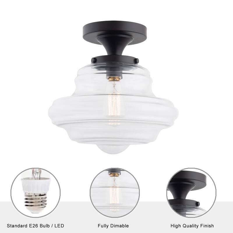 Modern Black Dimmable 1-Light Semi-Flush Mount Ceiling Light with Glass Shade