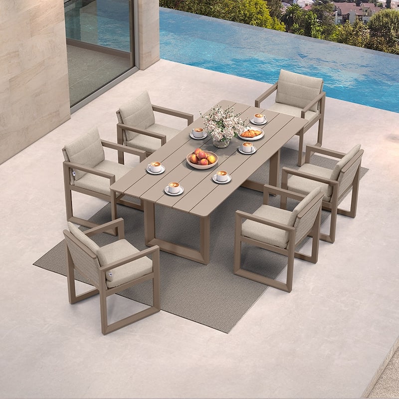 PURPLE LEAF Caesar Outdoor Dining Set Aluminum Luxury Patio Furniture with Olifen Removable Thick Cushion and Pillow-Khaki - N/A - 7-Piece（220）