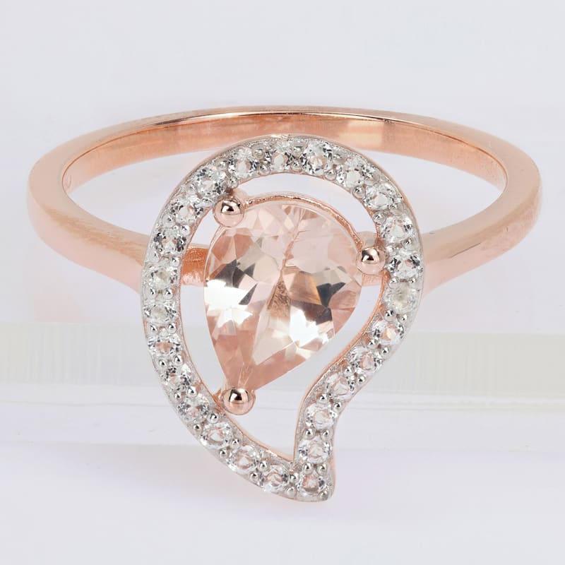 Miadora Morganite and White Topaz Halo Teardrop Ring in Rose Plated Sterling Silver
