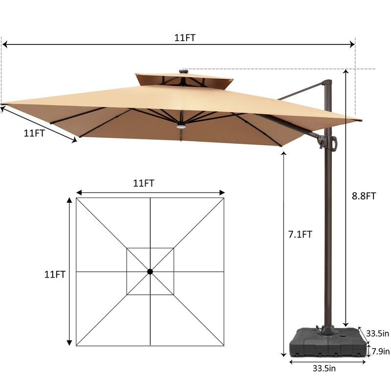 11 FT Square Outdoor Patio Cantilever Umbrella with Solar Lights Wheeled Base Double Canopy 360 Rotation Tilt