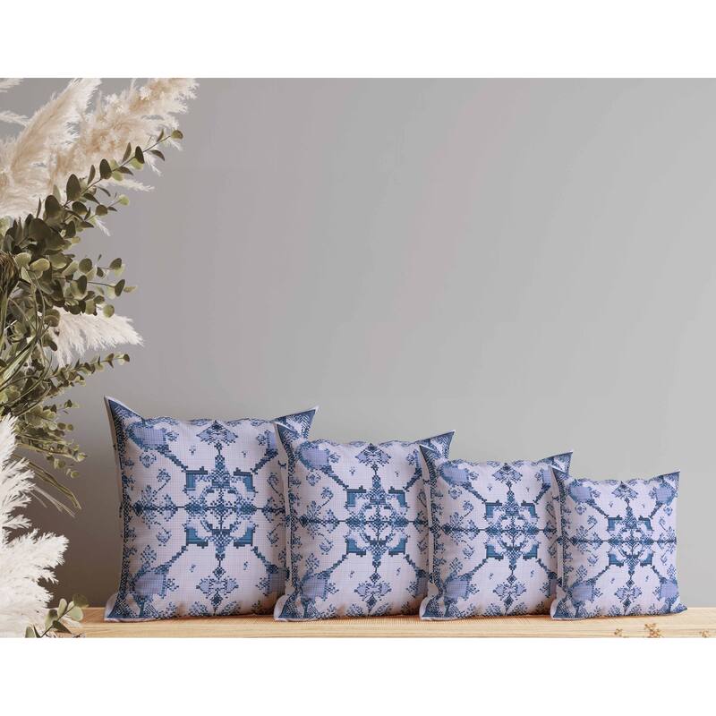 Gridded Blossom Indoor/Outdoor Reversible Throw Pillow Blue