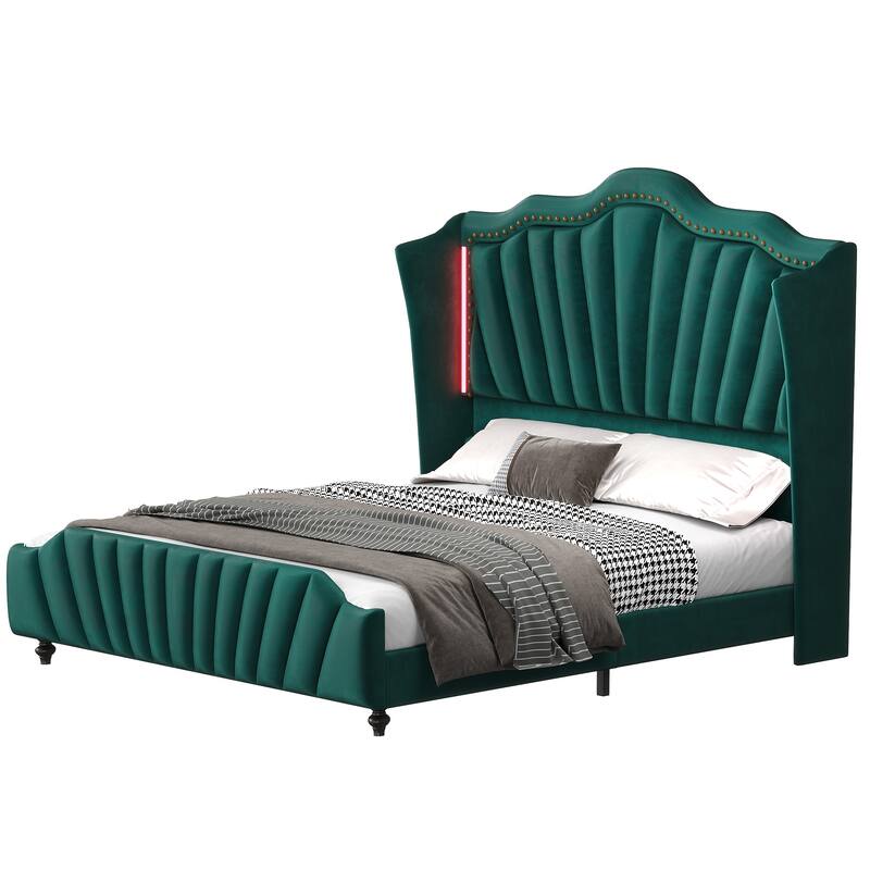 Velvet Upholstered Platform Bed Frame with 60" Tall Wingback Headboard