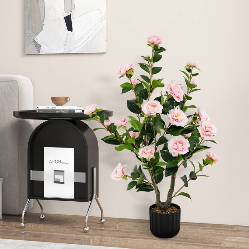 Gymax 2PCS 38'' Artificial Camellia Tree Faux Floral Plant Fake Tree