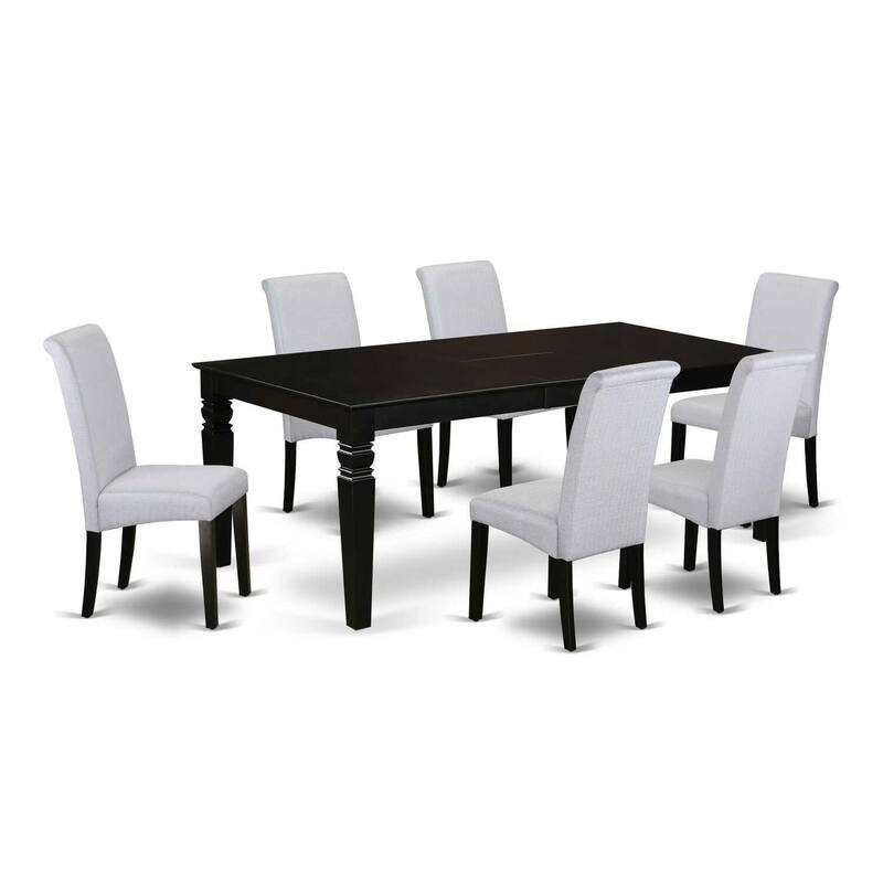 Victorian Dining Room Set - 7 Piece Table & Chairs - Grey Linen Fabric Parsons Chairs - 42x84 Inch Rectangle Table