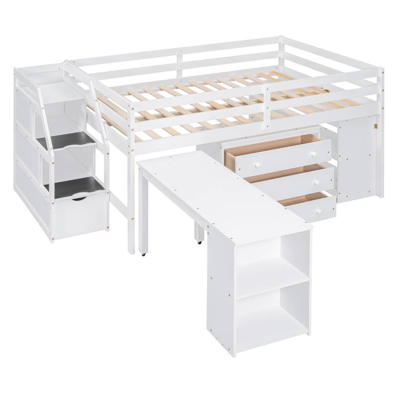 Space-Saving Full Loft Bed with Retractable Desk, Storage Stairs & 3 Drawers, White