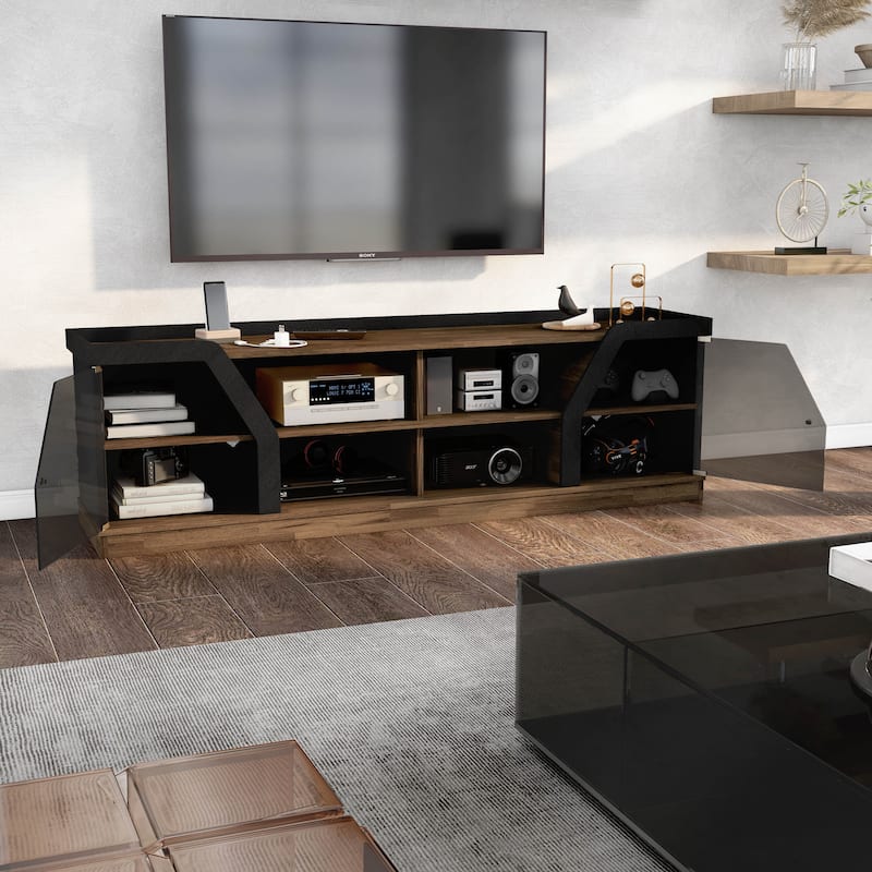 DH BASIC Modern Light Hickory 71-inch Multi-Storage TV Console with Black Tint Glass Cabinets by Denhour