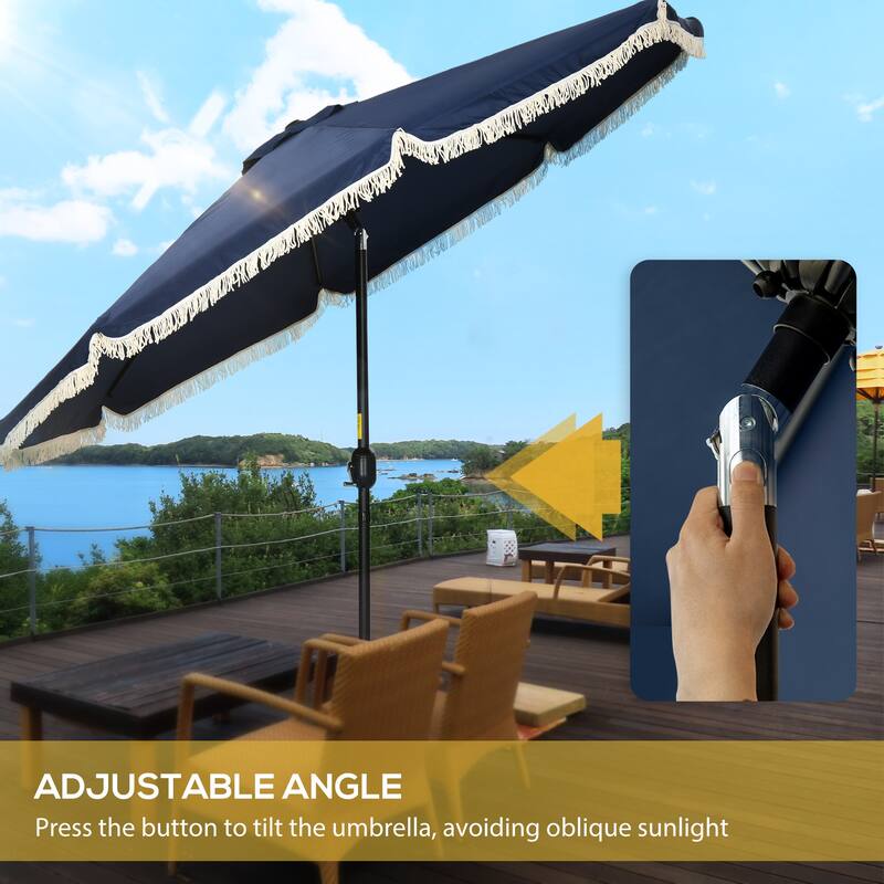 Outsunny 9ft Patio Umbrella with Push Button Tilt and Crank, Ruffled Outdoor Market Table Umbrella with Tassles and 8 Ribs